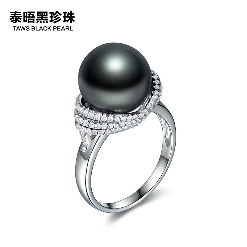 泰晤 天然大溪地黑珍珠戒指正圆  海水珍珠指环 12mm 18K金镶钻石