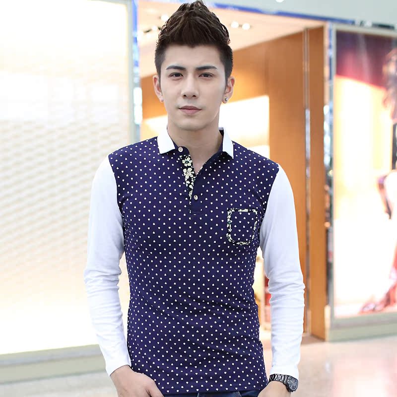 2015新款春装长袖T恤男韩版青年纯棉打底衫修身印花POLO衫衬衣潮