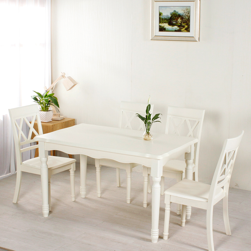 欧式实木餐桌椅组合4人 小户型白色饭桌长方形桦木餐台一桌四椅