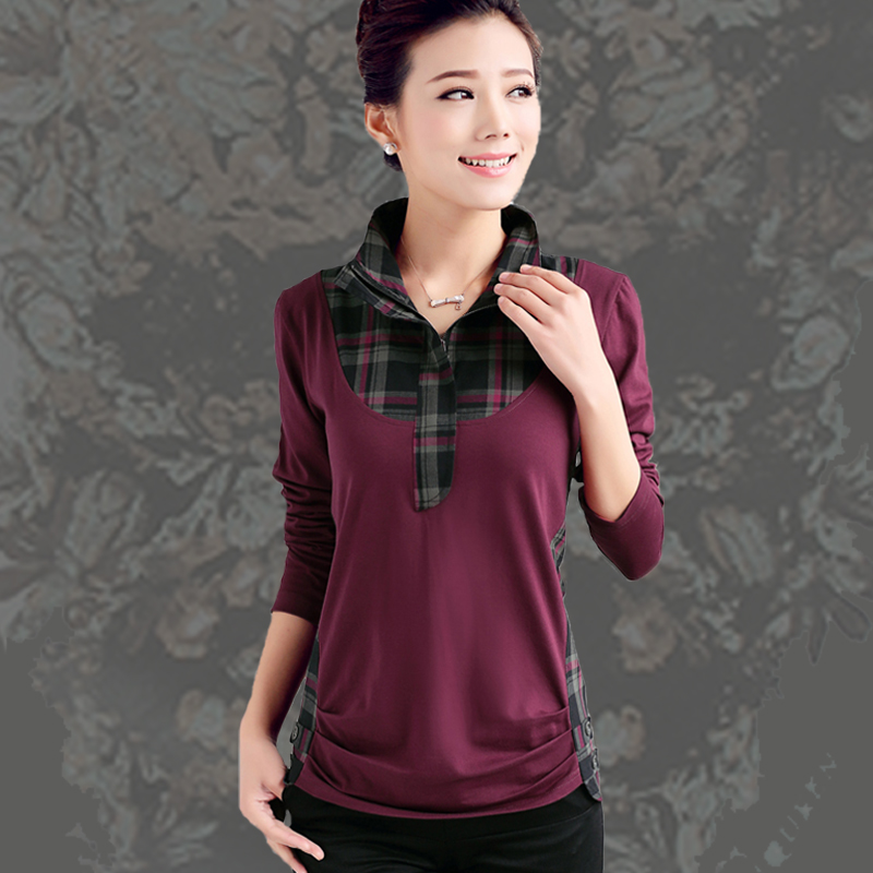 女t恤2015新款女装秋季韩版拼接立领修身长袖打底衫中年妈妈上衣