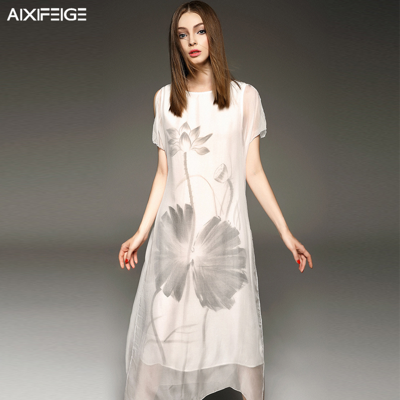 艾茜菲格2015夏装新款女装手绘印花高档重磅桑蚕丝真丝长款连衣裙