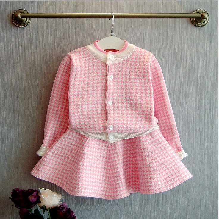 女童千鸟格针织套装2016韩版春秋季儿童长袖毛衣开衫裙子两件套裙