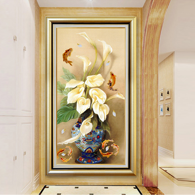 欧式玄关装饰画客厅竖版过道抽象油画餐厅壁画卧室走廊挂画富贵花