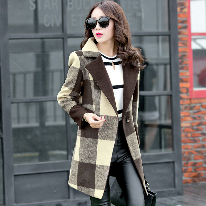 2015新款秋冬新款韩版修身羊绒呢子大衣 格子大码中长款毛呢外套
