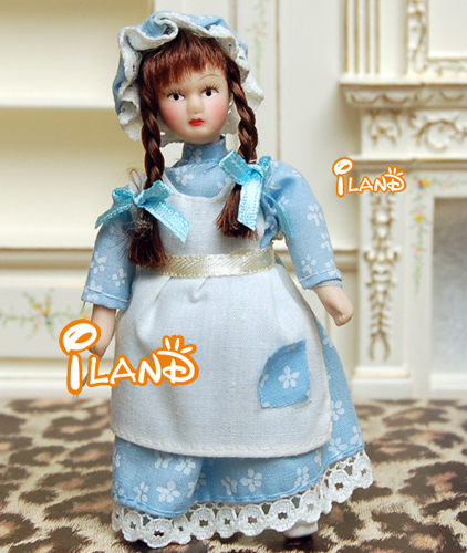 1:12娃娃屋DOLLHOUSE迷你陶瓷人偶模型可动 蓝衣带帽麻花辫女孩
