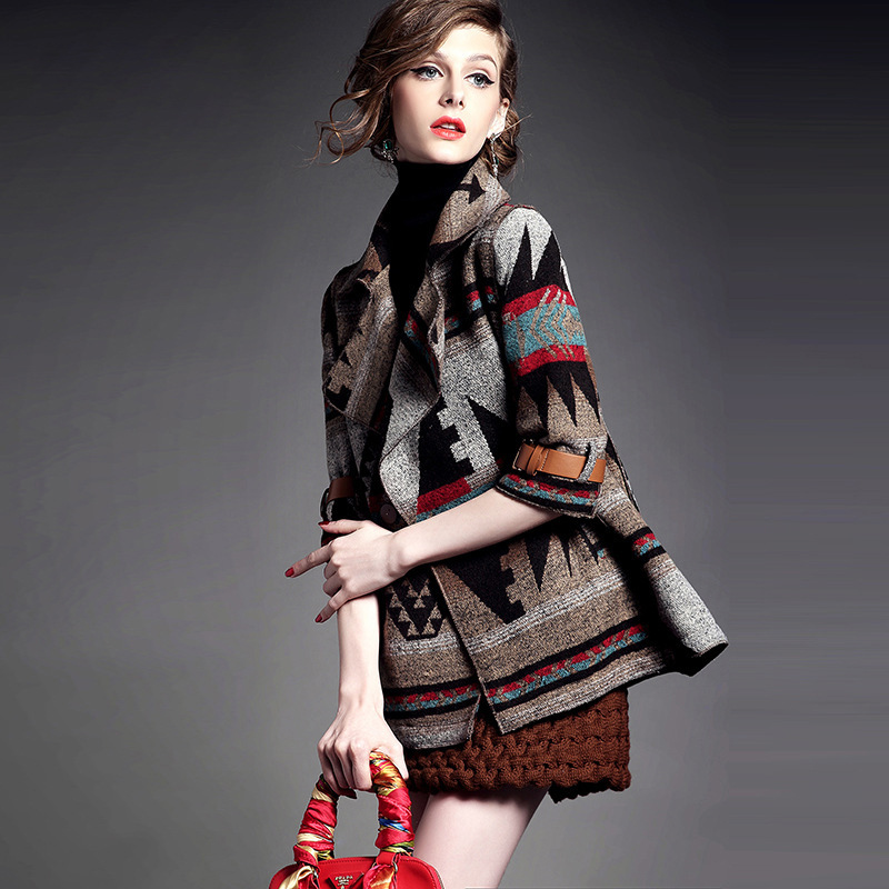 2015秋季新款波西米亚印花中袖毛呢外套女羊毛上衣小西装修身显瘦