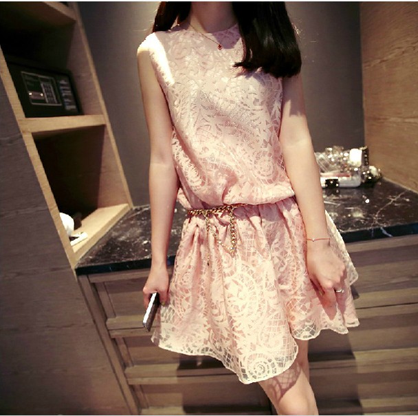 2015夏季 韩版新款蕾丝雪纺刺绣背心无袖修身连衣裙