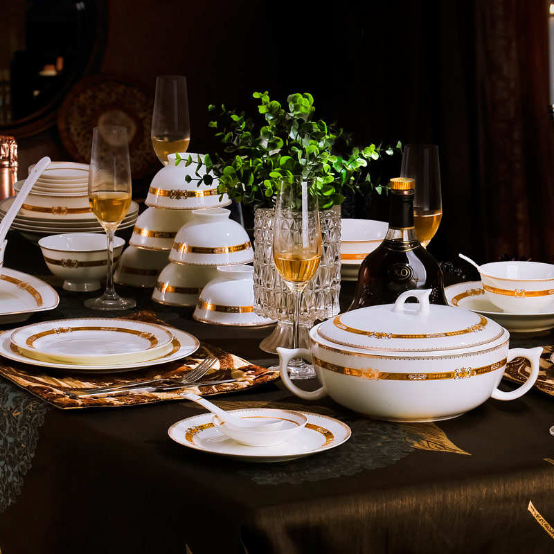 碗套装 景德镇56头陶瓷器餐具 正品骨质瓷套装 西式高档金边餐具