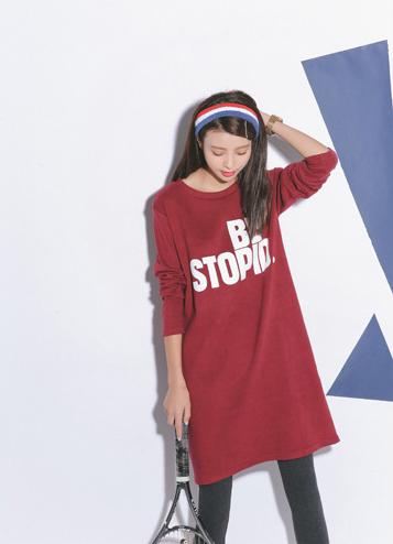 韩国秋季新款韩版中长款T恤英文字母印花长袖打底衫女式纯棉T恤