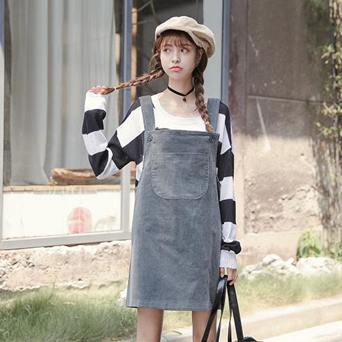 繁花姑娘 2015年韩版新款女装 秋季口袋宽松显瘦背带连衣裙女