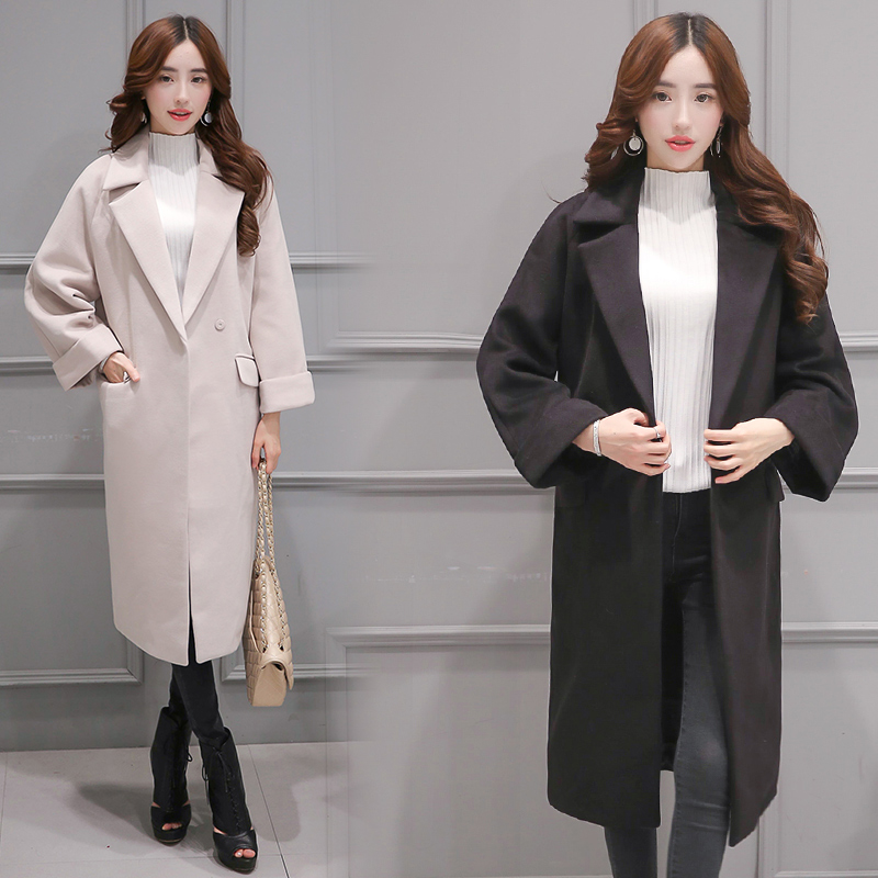 2016秋冬新款女装韩版宽松显瘦毛呢外套女中长款加厚茧型呢子大衣