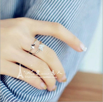 韩国进口正品可爱镶钻光面双层不对称俏皮蝴蝶结可爱戒指包邮