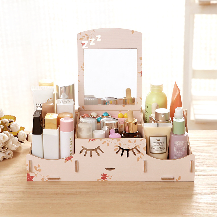 艾雅化妆品收纳盒带镜子木质抽屉式DIY梳妆台桌面整理盒木制大号