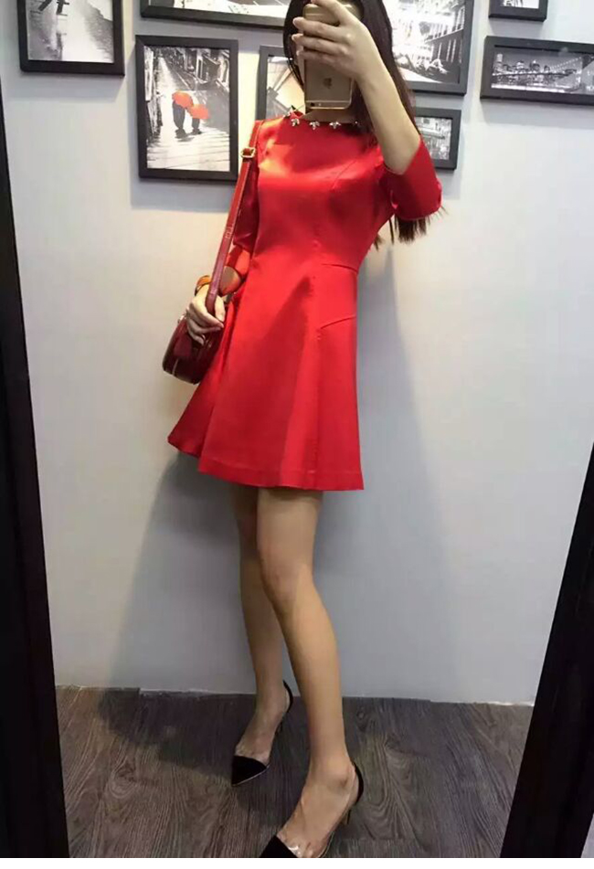 2015欧洲站秋季新款气质甜美圆领镶钻七分袖A字型黑红色连衣裙女