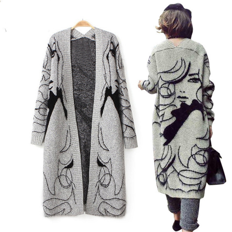 2016年秋季新款女装抽象蝙蝠袖简约中长款针织衫毛衣开衫外套批发