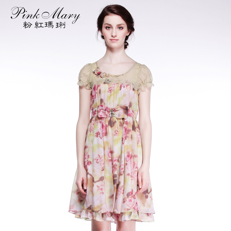 Pink Mary粉红玛琍 专柜正品印花蕾丝拼接收腰洋装连衣裙子 享