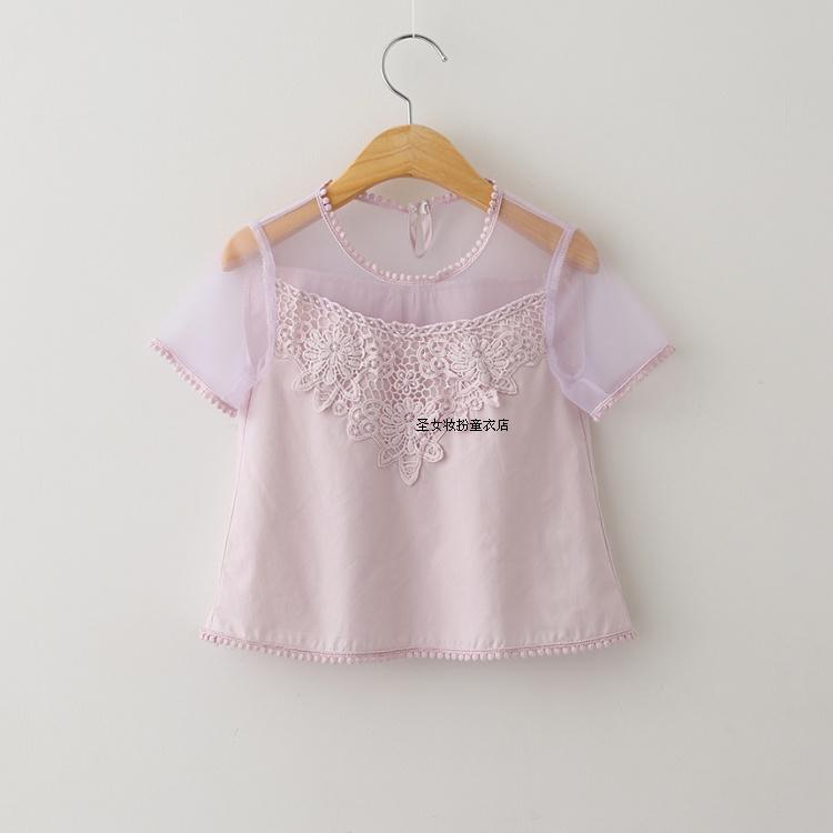 童装2015夏装新款儿童蕾丝上衣女童宝宝花边薄款短袖圆领公主套衣
