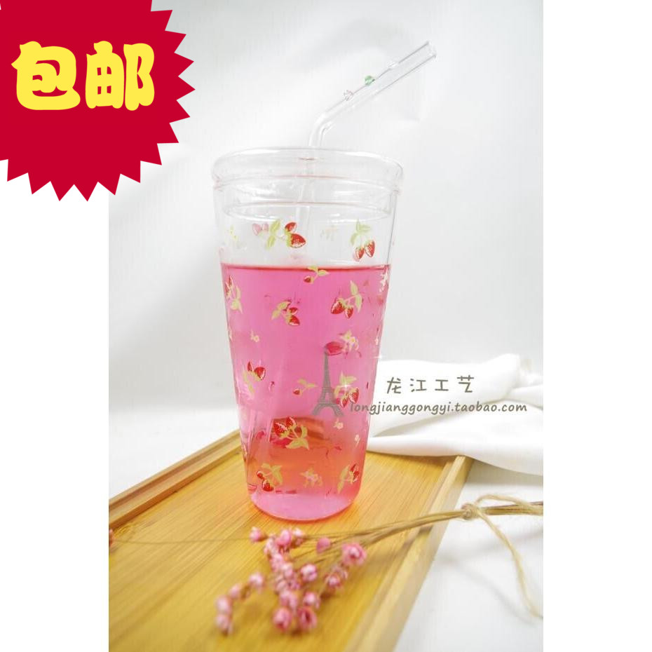 大号°日系清新小草莓玻璃吸管杯 牛奶果汁玻璃杯 耐热微波炉可用