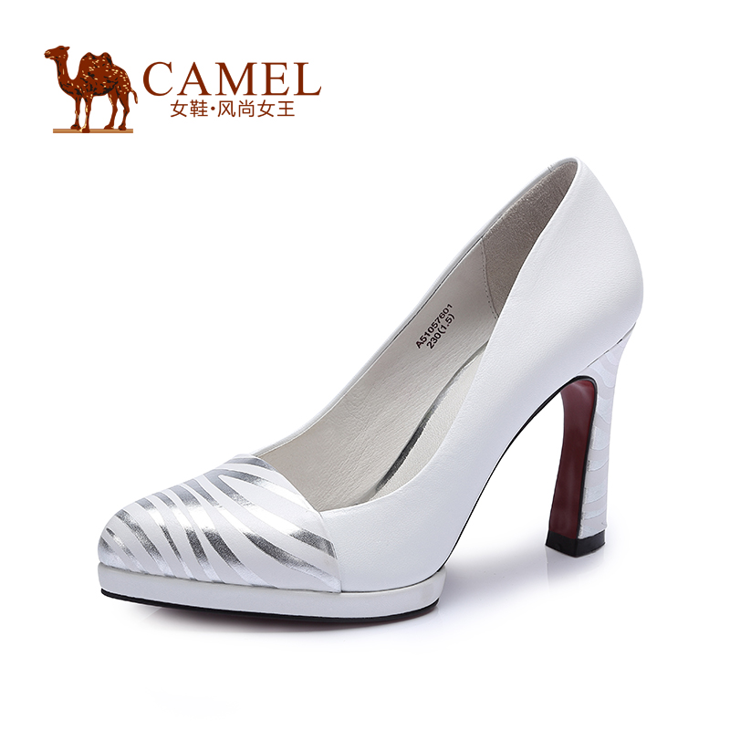 2015正品Camel骆驼女鞋优雅尖头花羊皮真皮防水台高跟单鞋皮鞋