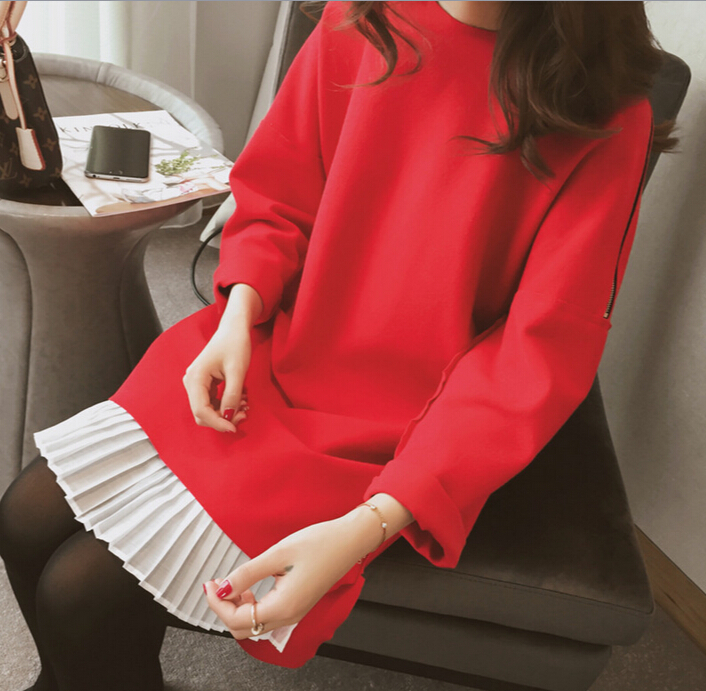 2015冬季 韩范个性纱假拼接呢子长袖圆领纯色毛呢红色黑色连衣裙