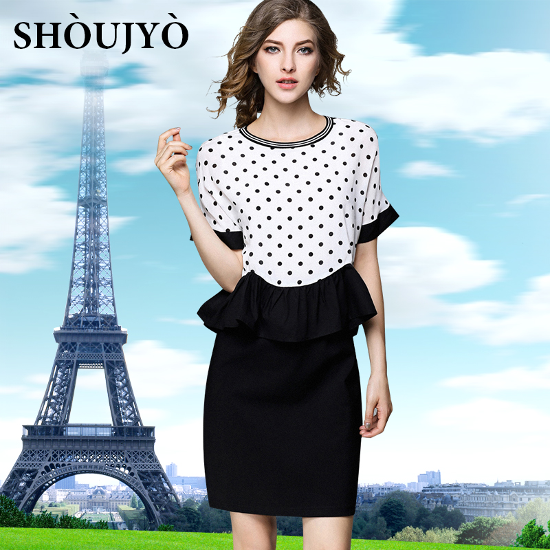 SHoujyo2016夏季新款欧美通勤假两件波点包臀裙荷叶边短袖连衣裙