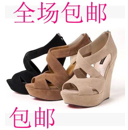 2015最新女鞋揭载K字头交叉绑带女鞋 舒适坡跟凉鞋 实拍鞋