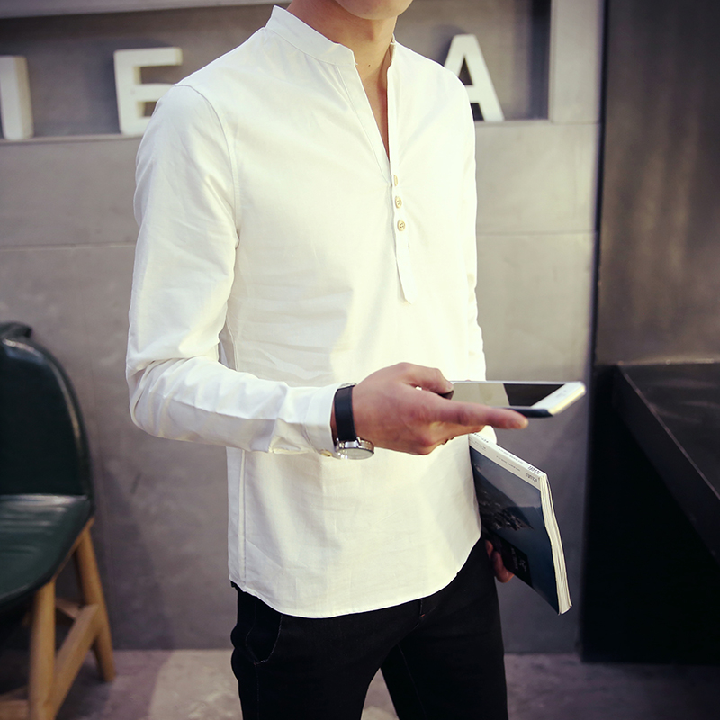 长袖衬衫2016秋季新款韩版修身免烫立领男士商务纯色休闲衬衣