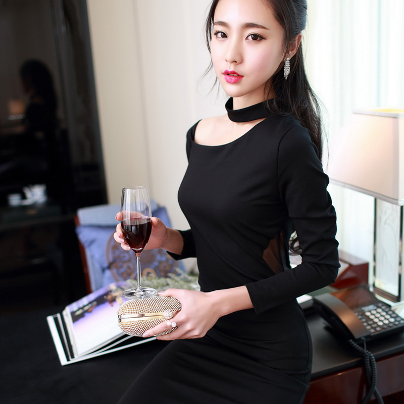 韩国代购新款女装性感OL气质斜肩挂脖显瘦长袖连衣裙女礼服长裙子