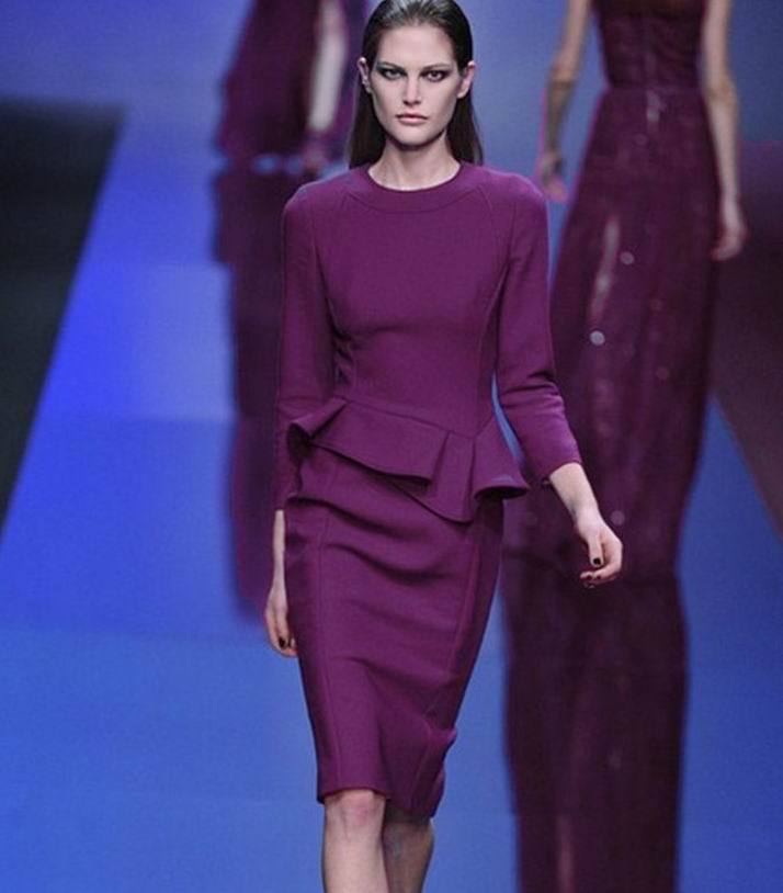 2015春装新款 欧美时尚名媛优雅气质OL修身荷叶边长袖连衣裙紫色