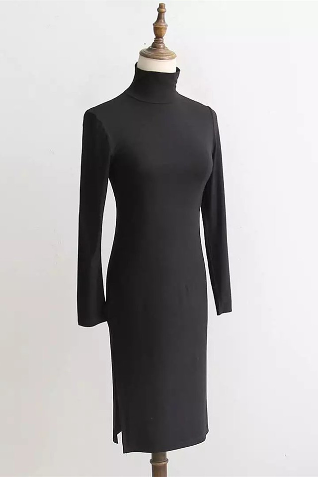 欧美风Gigi明星同款黑色开衩紧身修身连衣裙高领打底裙