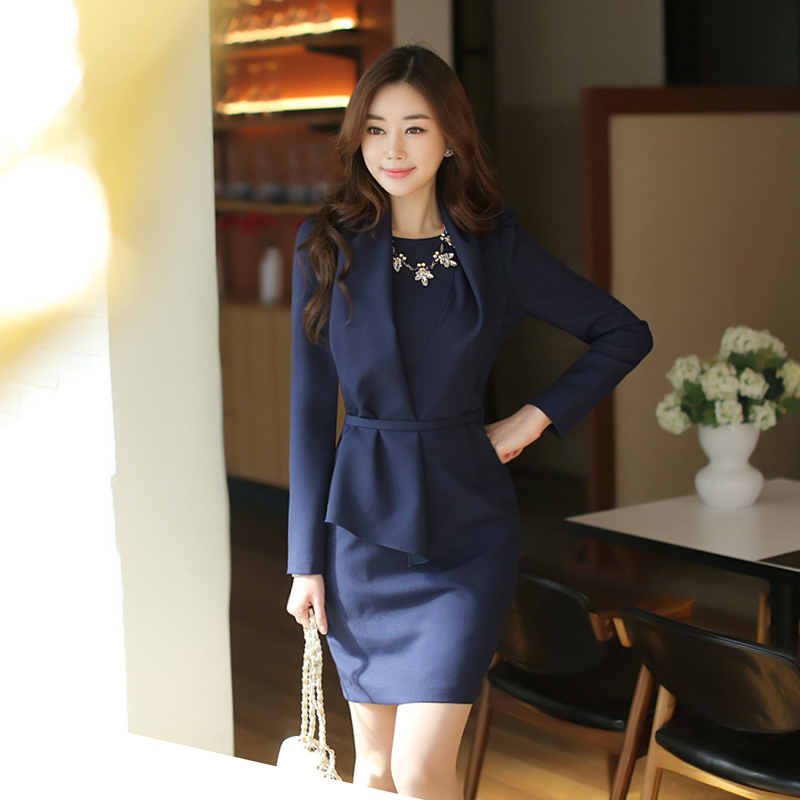 秋装新款韩版时尚包臀宝蓝色女人味高端大气女装裙修身职业连衣裙