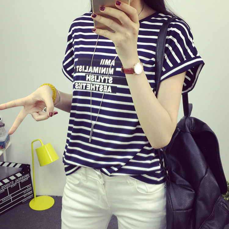 2015夏新款韩版女宽松中长款莫代尔短袖t恤女大码黑白条纹上衣潮