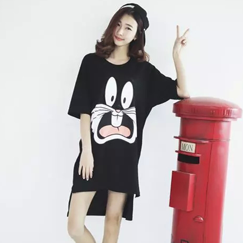 2015夏季新款大码女装t恤裙女韩版中袖修身潮卡通印花兔鸭短袖T恤