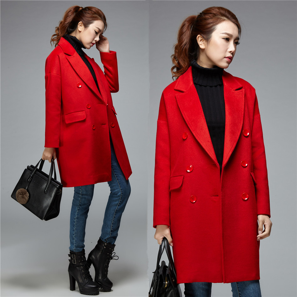2015冬装新款韩版西装领毛呢外套廓形茧型复古中长款大衣纯色外套