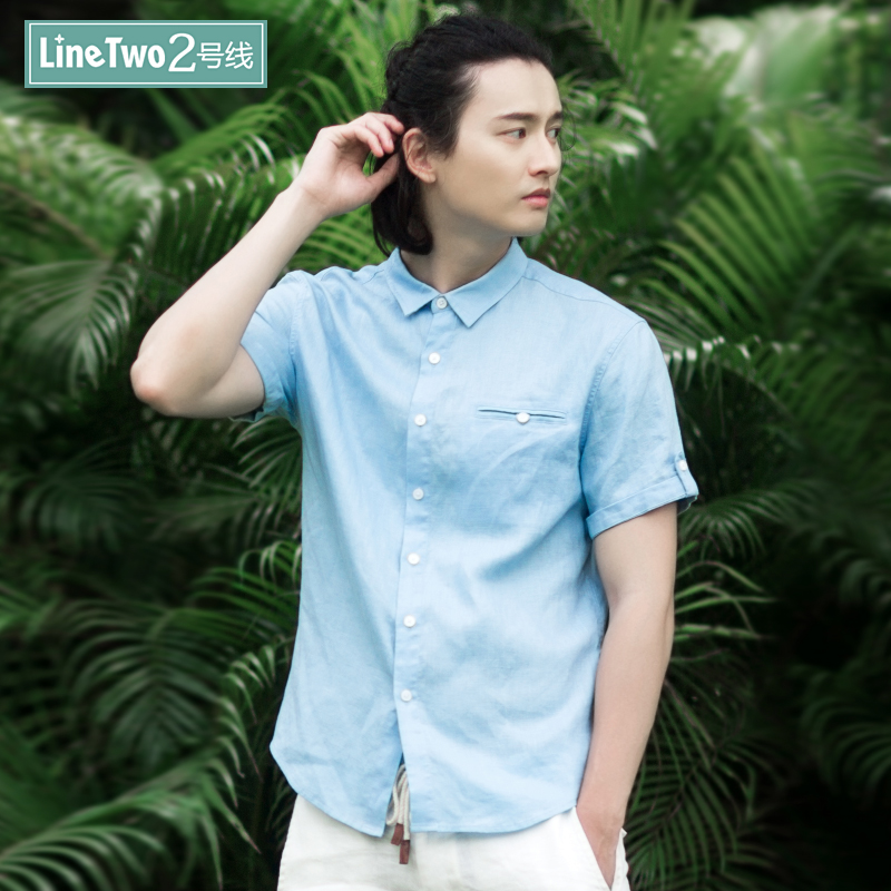 夏季亚麻短袖衬衫男士纯色修身薄款休闲白色棉麻大码蓝色衬衣半袖