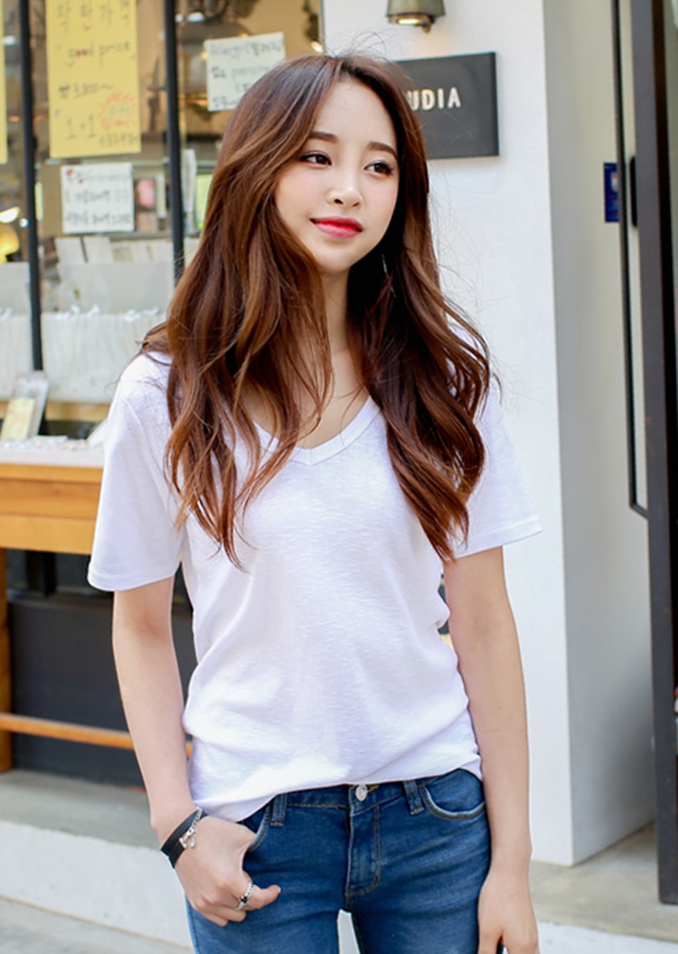 韩版夏季新款纯色竹节棉短袖t恤女简约宽松V领半袖体恤上衣打底衫