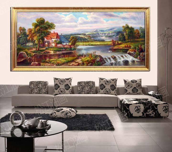 客厅山水风景纯手绘油画现代欧式有框画玄关挂画定制原创装饰壁画