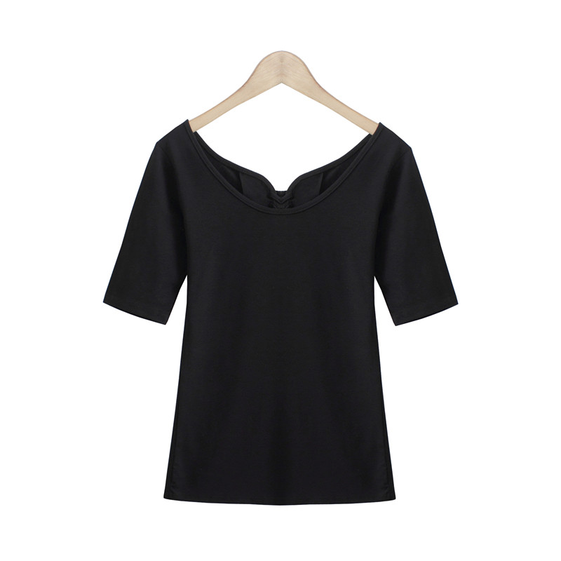 2016春季欧美新款女装V领五分袖t恤女上衣修身紧身黑色中袖打底衫