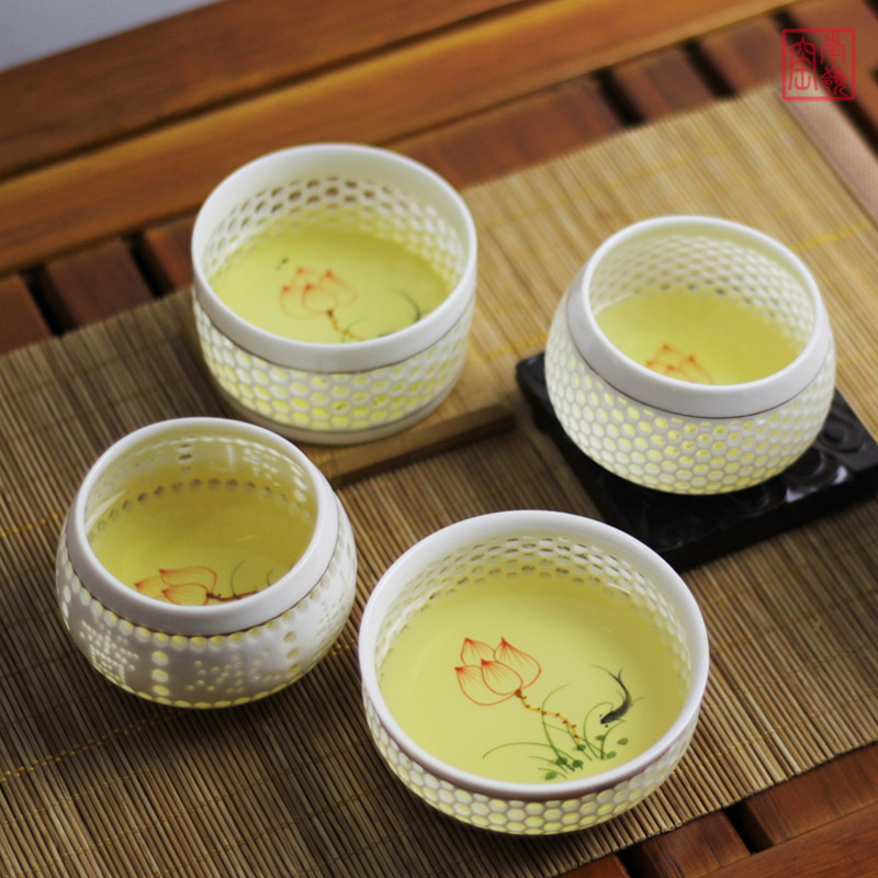 南岭窑  冰晶蜂巢个人手绘茶杯品茗杯 玲珑镂空茶具能量陶瓷杯子
