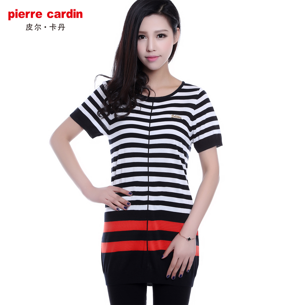 Pierre Cardin/皮尔卡丹2015新款韩版女条纹宽松大码针织短袖T恤