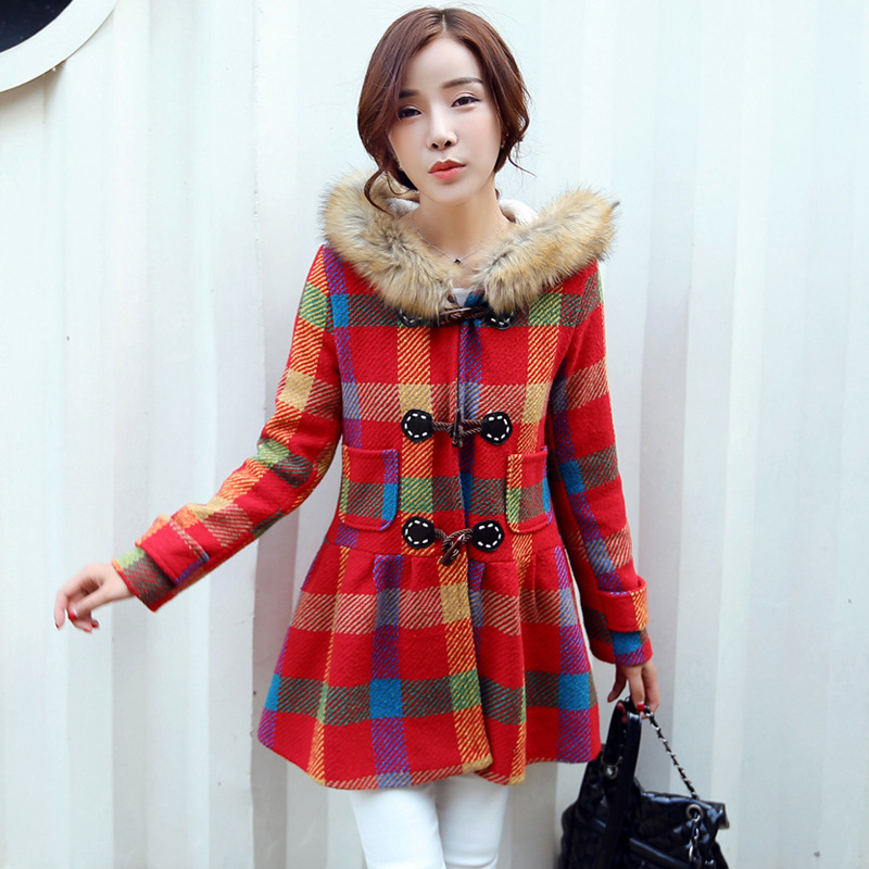 2015年冬季新款棉衣韩版格纹撞色长袖毛领加厚棉服外套
