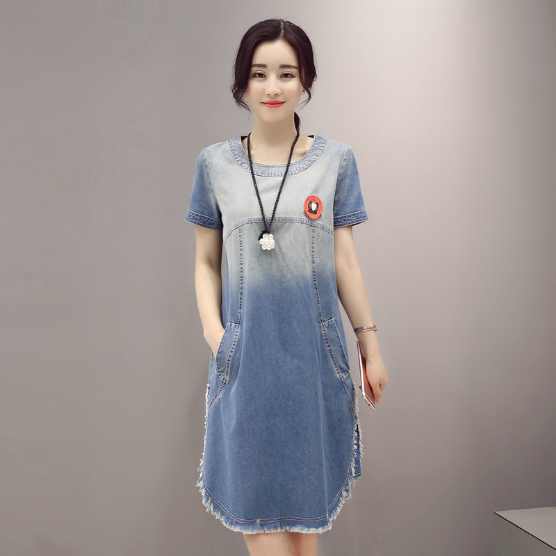 阿依莉2016夏季新款韩版修身短袖牛仔连衣裙中长款休闲女装裙子潮