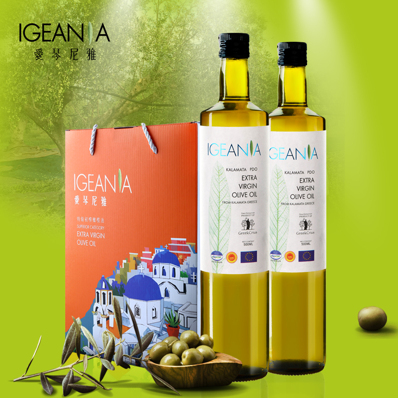 爱琴尼雅 希腊原装进口特级初榨橄榄油食用 500ml*2瓶 送礼盒