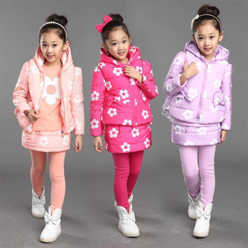 韩版童装 女童冬季新款加绒加厚卫衣三件套 中大童花朵带裙子套装