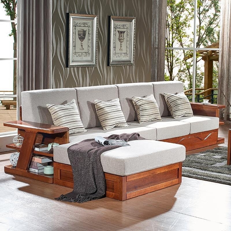 胡桃木沙发 全纯实木沙发 现代中式沙发L型转角贵妃布艺储物沙发