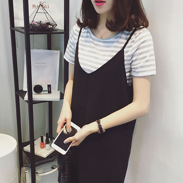 2016夏季女韩版新款条纹短袖T恤上衣吊带裙两件套套装