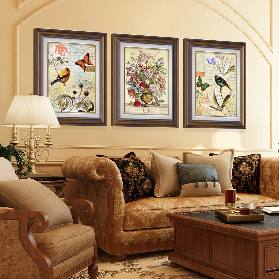 欧式美式三联客厅装饰画卧室有框简欧沙发背景墙墙壁挂画餐厅三连