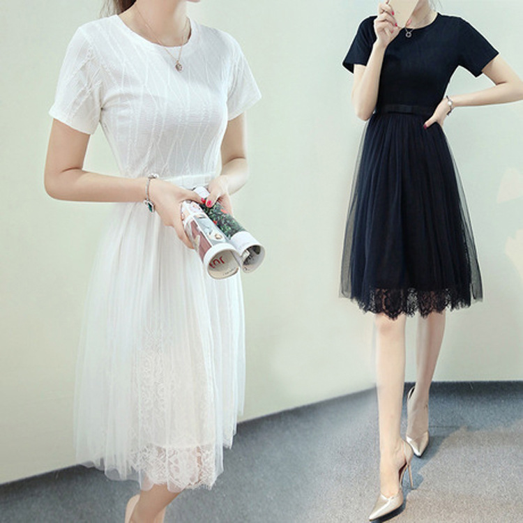 2015夏装新款韩版女装 气质淑女网纱拼接蕾丝短袖连衣裙