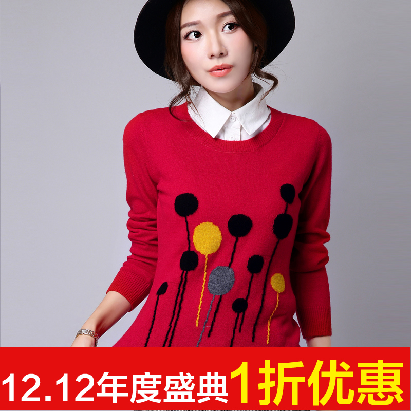 2015秋冬季韩版印花羊毛衫短款圆领毛衣女宽松套头长袖针织打底衫