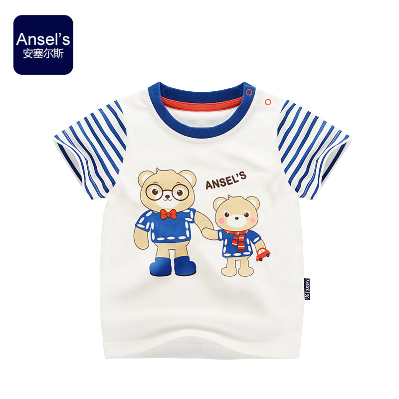 安塞尔斯童装男童短袖T恤宝宝纯棉卡通圆领上衣婴幼儿休闲上衣蓝
